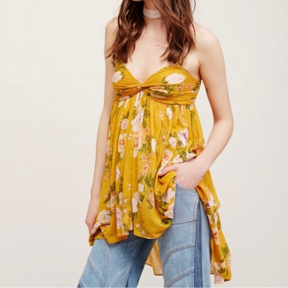 Free People Tops - Free People Floral Print Yellow Draped High Low Sleeveless Boho Babydoll Top